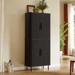 71" Fluted Kitchen Pantry Cabinet, Tall Pantry Storage Cabinet With Adjustable Shelves, 2 Pegboards & 4 Hooks