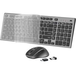 FENIFOX Wireless Keyboard and Mouse, Rechargeable USB C Combo Silent Quiet Compact Full Size Flat with Number Pac Soft Cover for Mac MacBook iMac Wind
