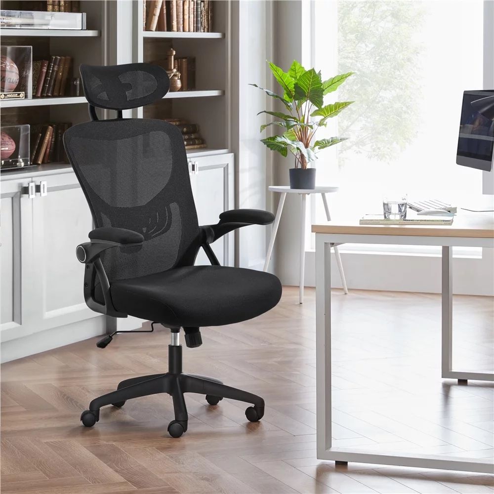 SmileMart Adjustable High Back Mesh Office Chair with Folding Padded Armrests, Black Black - 26'' L x 25.5'' W x 46 - 49.5'' H