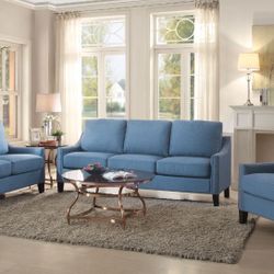 Brand New Blue Linen Sofa and Love Seat Set