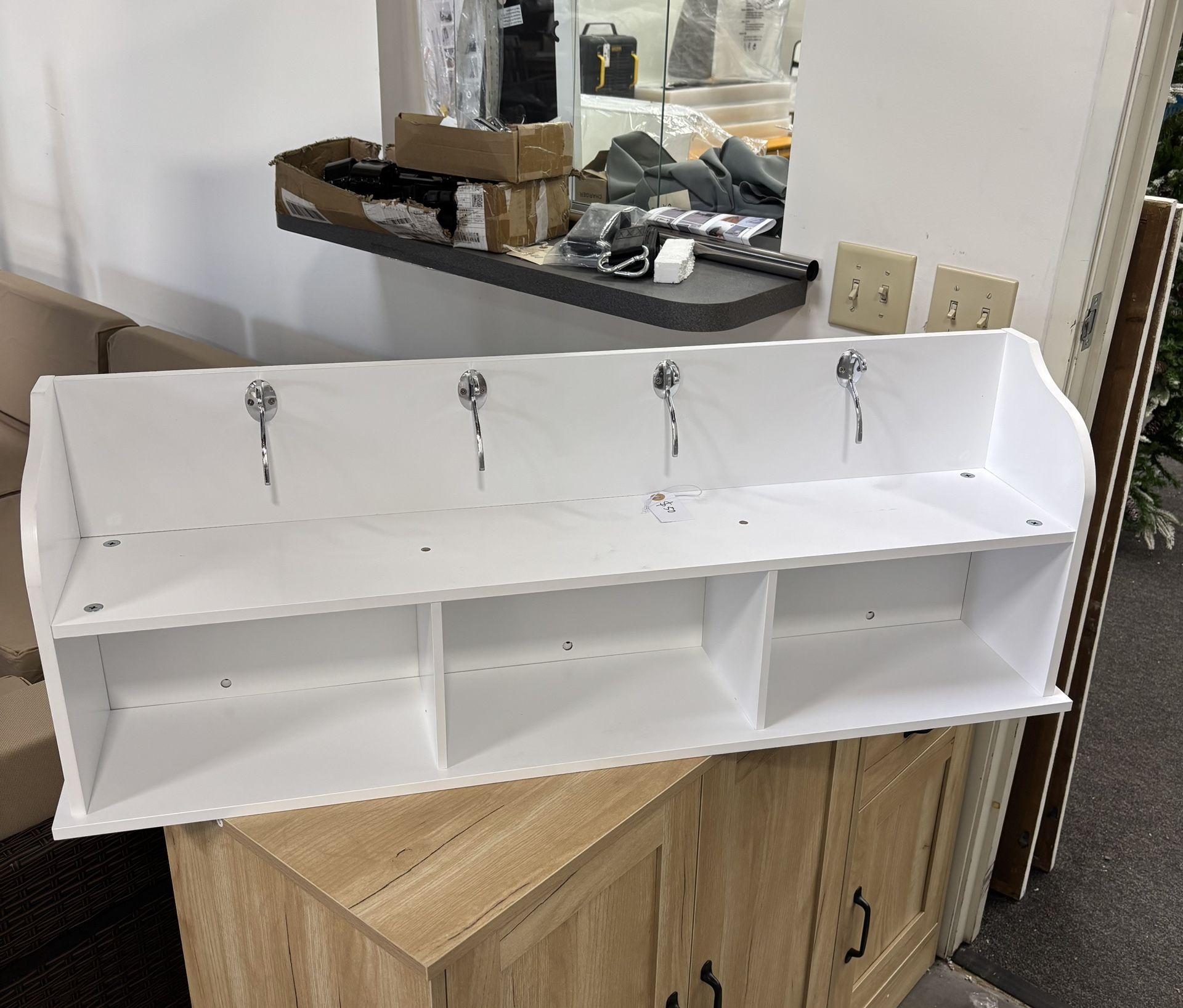 New Assembled. 38.6inch Wall Mounted Entryway wooden Coat Rack with Storage Shelf 4 Dual Hooks Wooden Storage