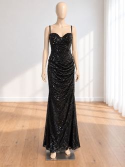 Black Sequin Ruched Maxi Evening Gown