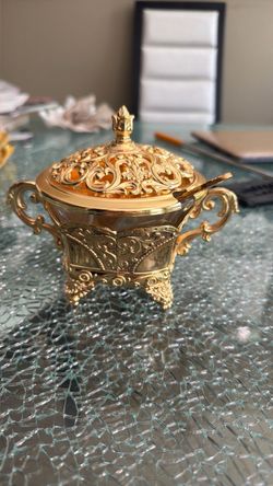 Gold Ornate Sugar Bowl with Lid and Spoon