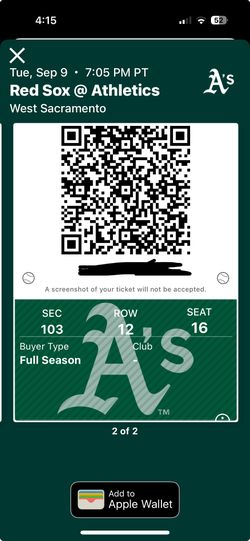 Sec 103 Row 12 Seats 15 And 16 A’s V Red Sox