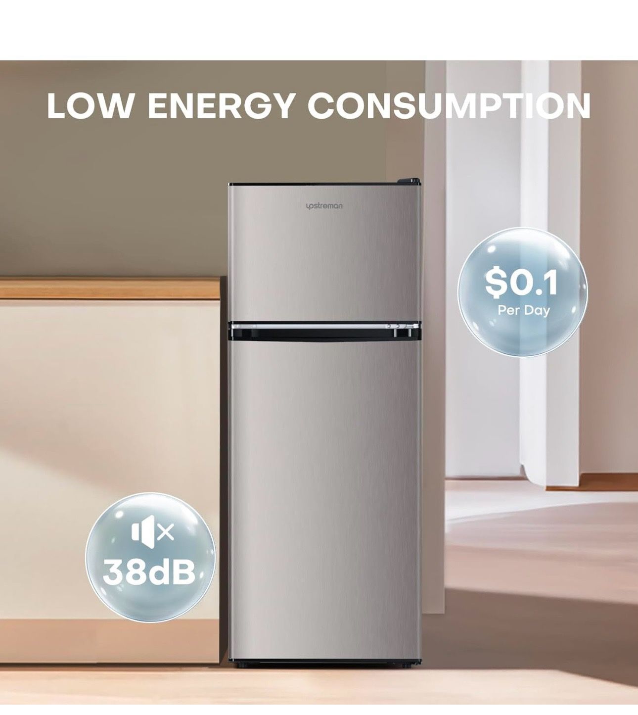 Upstreman 4.0 Cu.Ft. Small Refrigerator with Freezer, Dorm Essentials, Double Door, Mini Fridge for Office, Dorm, Bedroom, Adjustable Thermostat, Larg