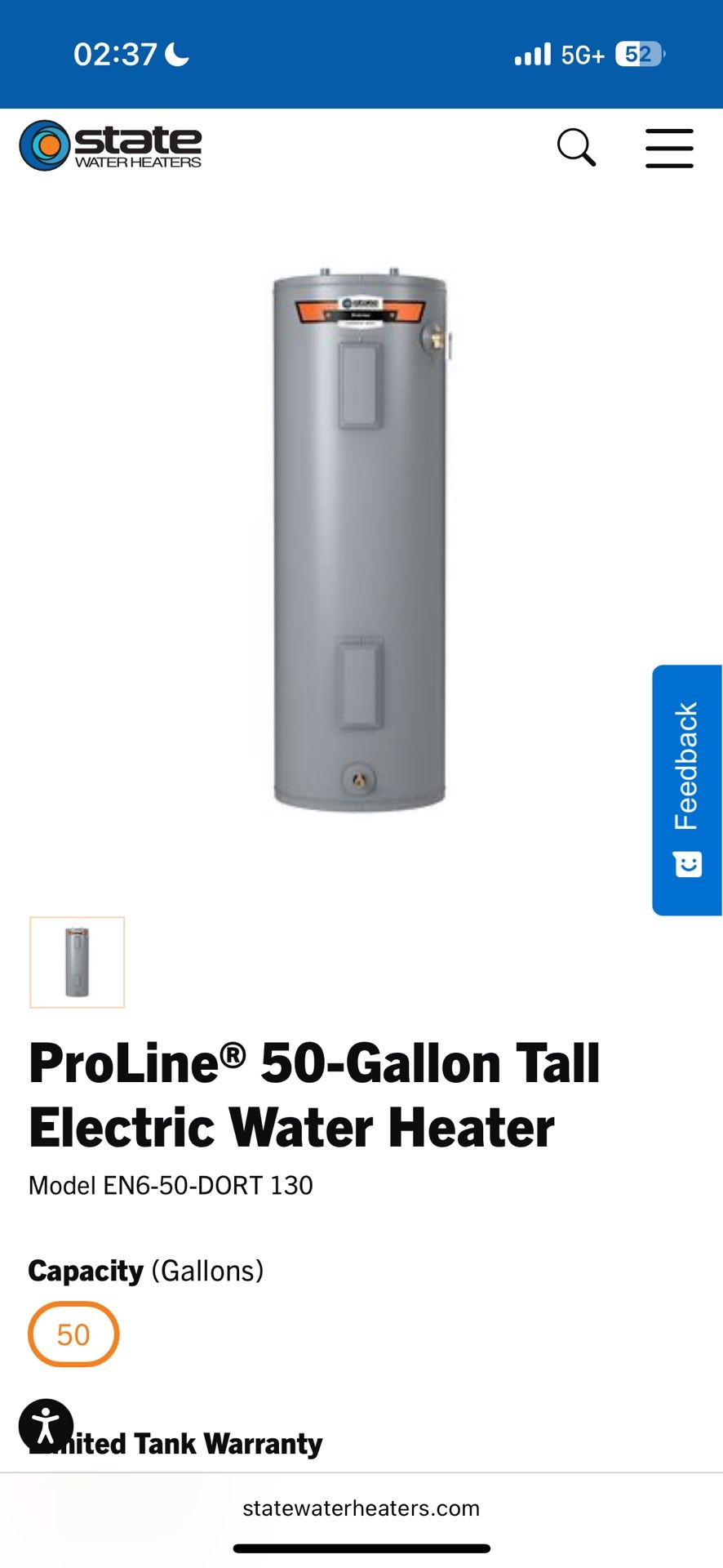 ProLine® 50-Gallon Tall Electric Water Heater