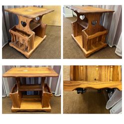 Vintage magazine rack end table on wheels. Retro side table. Side table with storage