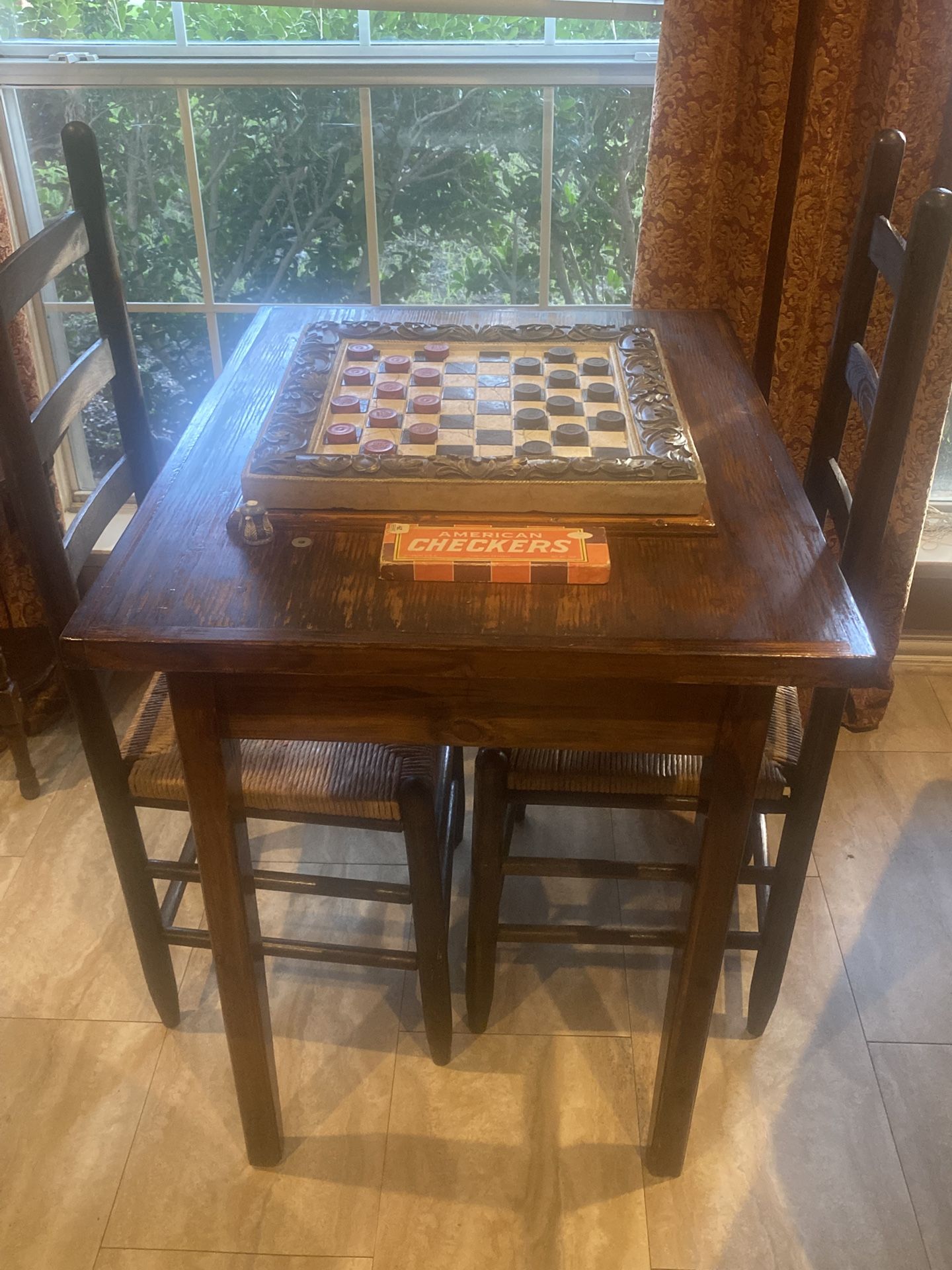 Antique Chess Table W Two Woven Chairs