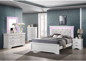 NEW White LED Queen Bedroom 4 Pc Set K Furniture & More 
