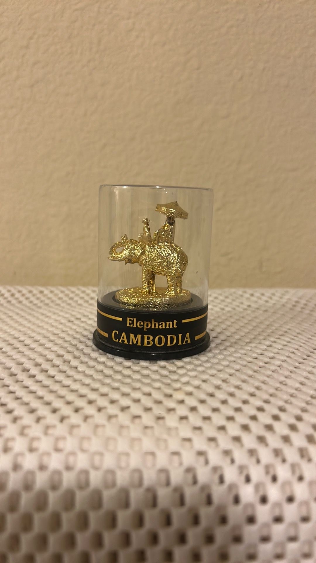 Gold Elephant Cambodia Travel Souvenir Trinket in Display Case