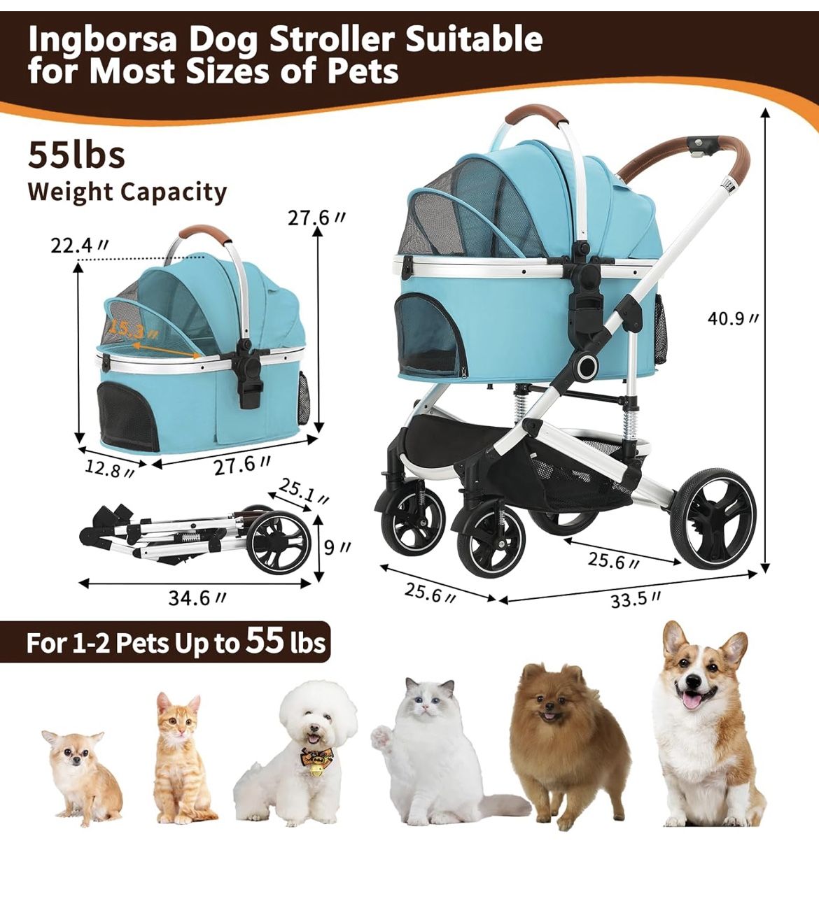 Ingborsa Pet Stroller 3 in 1 Folding Lightweight Dog Stroller with Detachable Carrier & Storage Basket, Premium 4 Wheels Travel Stroller for Puppies, 