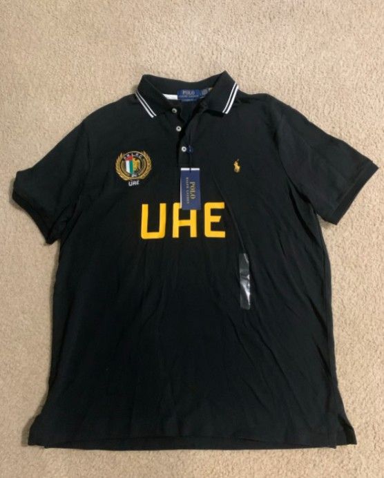 NWT Polo Ralph Lauren Black UAE Crest Patch UAE 24 Mesh Knit Polo Shirt sz L