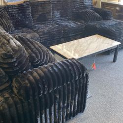 Black Super plush Fuzzy Thick cord Sectional New Both Side Chaise Available For the Weekend 