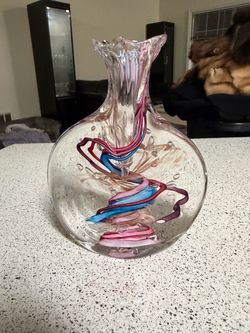 Robert L Hamon Art Glass Studio Vase Abstract Multicolor Swirl 8”