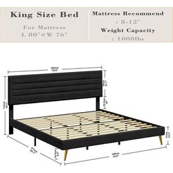 LIKIMIO King Size Bed Frame, Upholstered Platform Bed King with Headboard Heavy Strong Metal/Wood Supports, Easy Assembly, Noise-Free, No Box Spring N