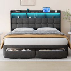 King Bed Frame, Upholstered Headboard, and 2 Drawers, Linen Upholstered Platform Bed with LED Lights & Charging Station, Sturdy & Easy to assemble, No
