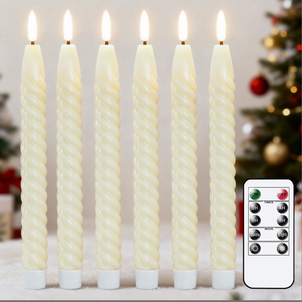 Lasumora Flameless Taper Candles Flickering With Remote Timer, LED Taper Candles Battery Operated Warm 3D Wick Spiral 6 Pack Real Wax Home Birthday De