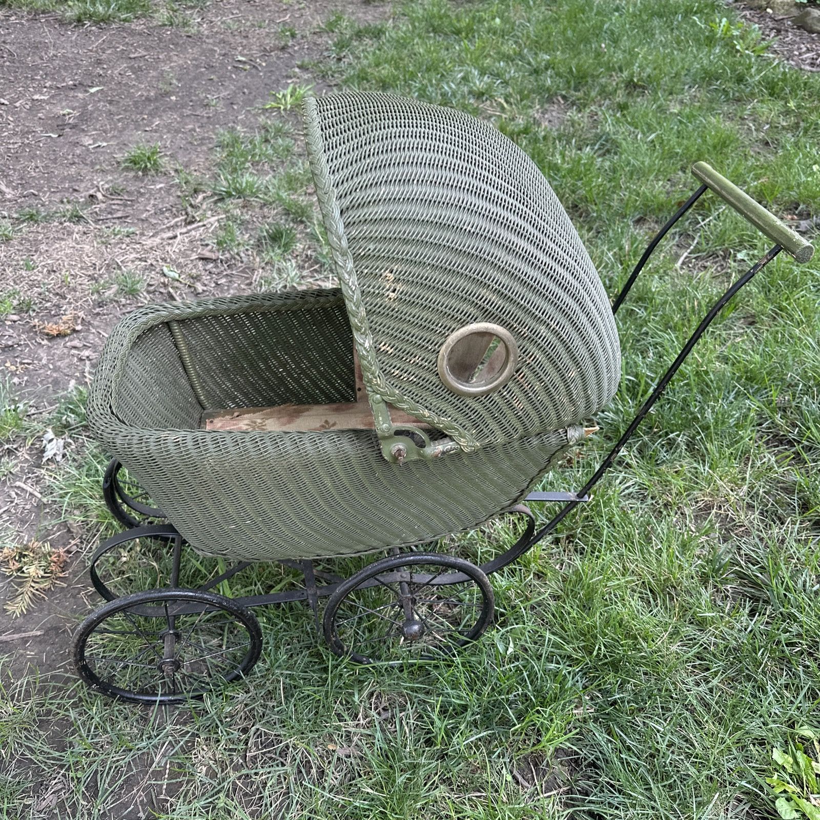 Vintage Halloween Prop Sidway Topliff Co Green Wicker And Cast iron Doll Buggy