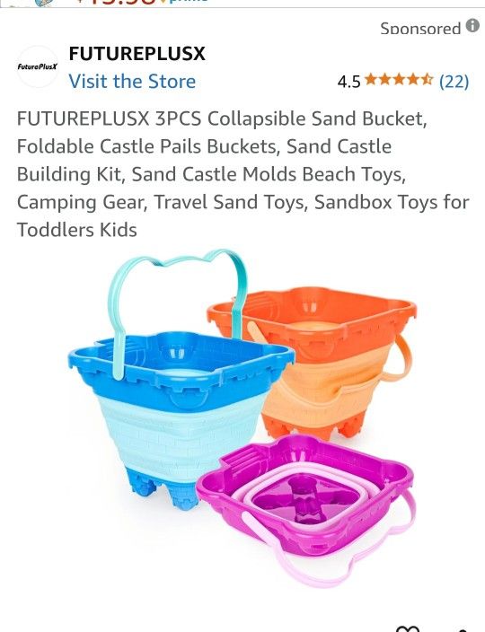 NEW IN BOX. PACK OF 3 COLLAPSIBLE CASTLE SAND BUCKETS. SEE PHOTOS. CASH PICKUP ONLY
