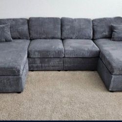 ✅️✅️4 pc  grey corduroy fabric sectional sofa with double chaise.✅️✅️✅️