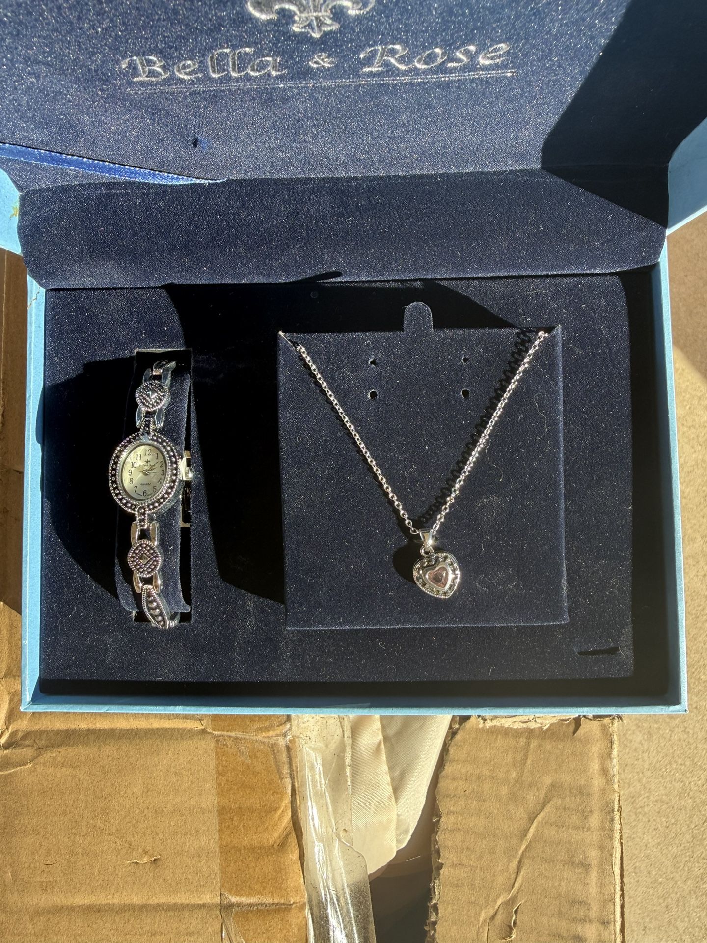 Beautiful Gift Set Of Silver Watch And Necklace With Heart Charm New In Box!