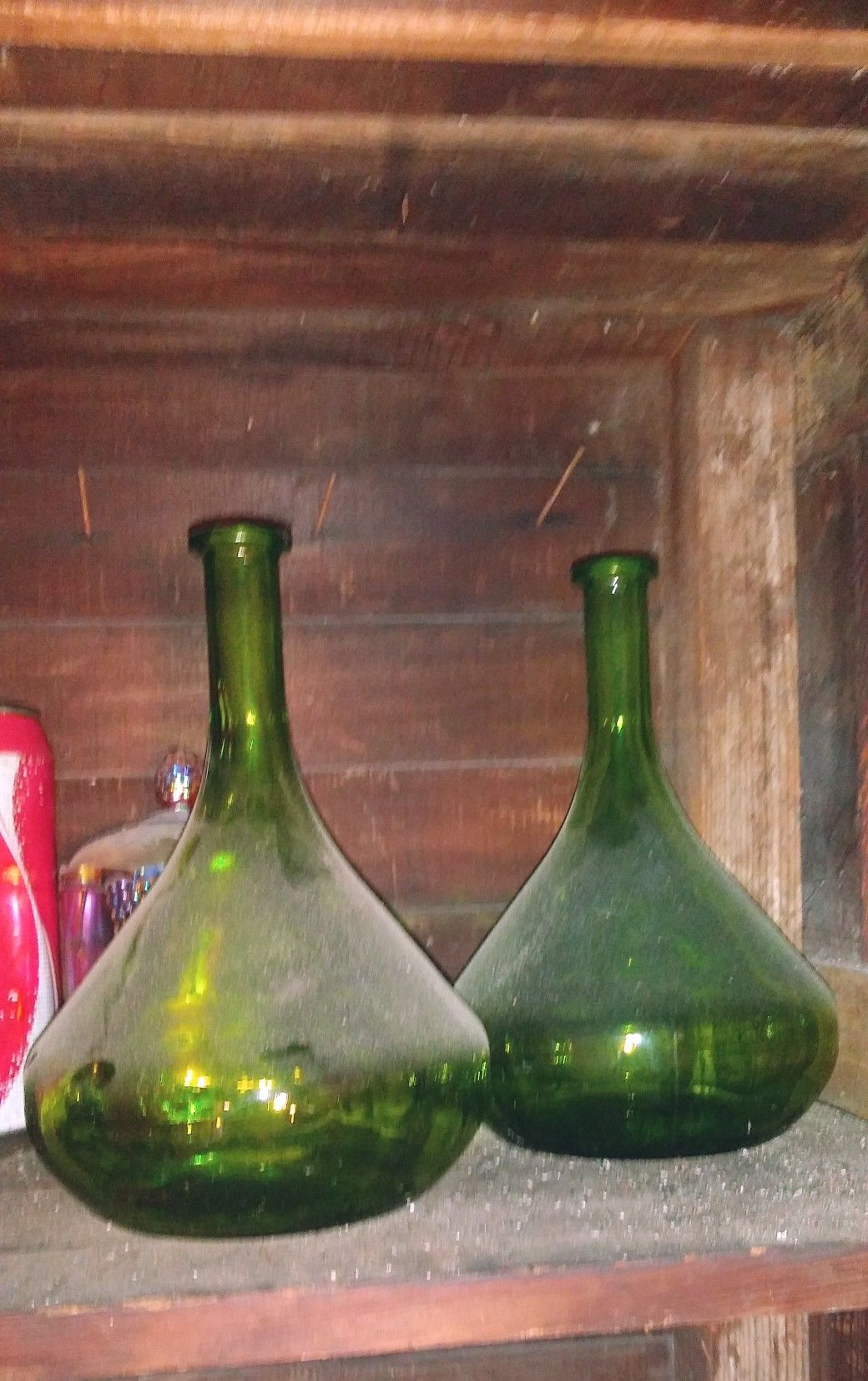 2 antique green glass wine bottles