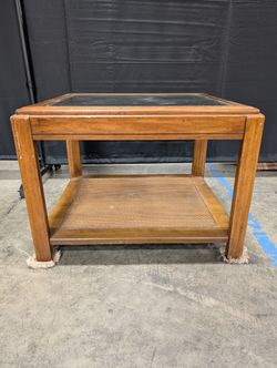 Brown Wood and Glass End Table with Wicker Shelf