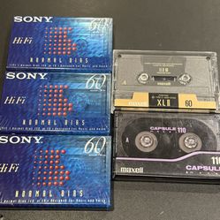 Vintage Cassette tape lot 5 pcs. Includes Maxell Capsule metal 110 Minute, 3 Sony Type 1 60 Minute , & Maxell High Bias XLII 60 Minute. The 3 Sony cas