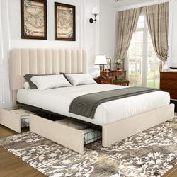 VECELO Queen Size Upholstered Bed Frame with 4 Drawers and Headboard, Velvet Platform Storage Bedframe, Wooden Slats Support, No Box Spring Needed, Be