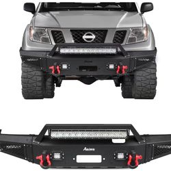 Front Bumper heavy duty steel Compatible with 2005-2022 Nis-san Frontier w/Winch Plate&5 LED lights & 2PCS D-Rings & Sensor Holes(Black)
