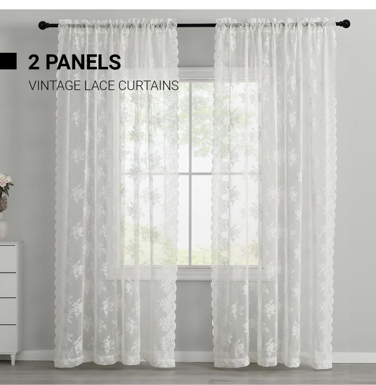 Kotile Ivory Lace Curtains 84 Inches Long - Vintage Embroidered Floral Sheer Lace Curtains for Living Room, Scalloped Privacy Sheer Curtain for Window