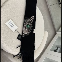 Gucci Black Silk Cashmere Blend Scarf Mystic Cat Sequin Fringe Edges NEW