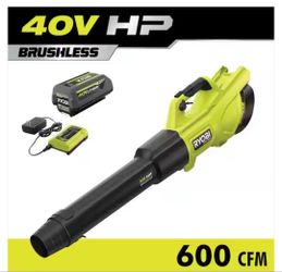 RYOBI
40V HP Brushless Whisper Series 155 MPH 600 CFM Cordless Battery Leaf Blower with 4.0 Ah Battery and Charger