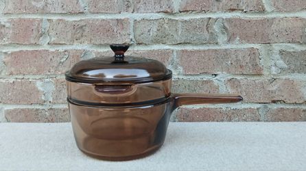 Vintage Corning Corelle Visions Amber 1.5 Qt. Double Boiler/Saucepan & Insert/Lid