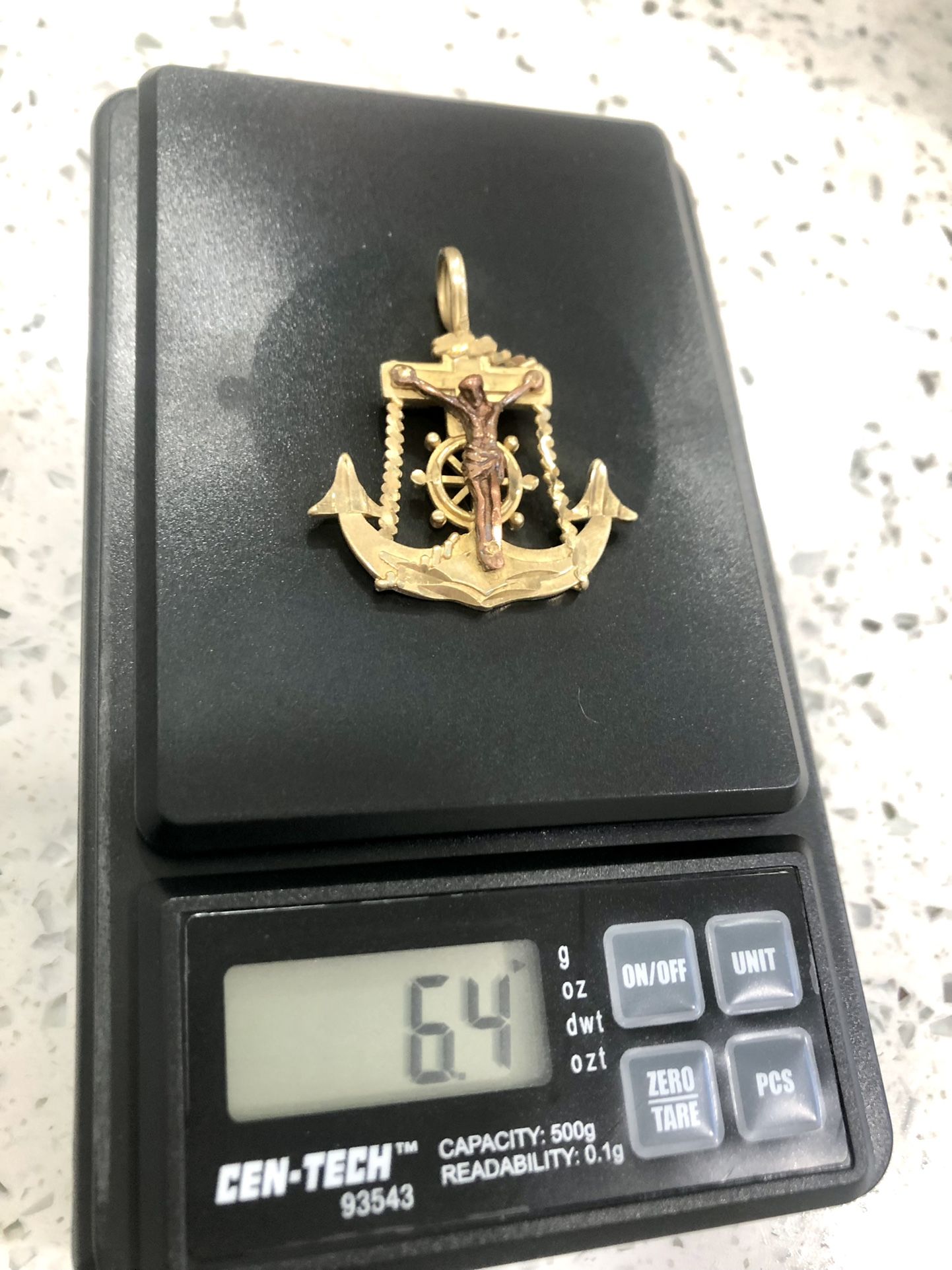 14 K Gold Two Tome Jesús Crucifix Anchor Pendant 6.4  gr.  (1.5 “ Length.  1.”1/4 Width )