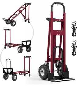 4 in 1 Convertible Hand Truck, Heavy Duty Alloy Steel Folding Dolly Cart with Wheels, 1000 LBS Capacity with 10" Solid Tires & Tie-Down Straps for War