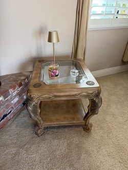 Ornate Wood and Glass End Table