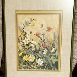 Vintage “Antique Wild Daisies and Columbine” Framed Art