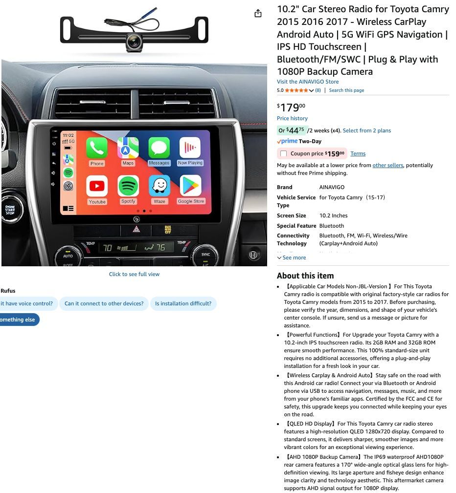 New | 10.2" Car Stereo for Toyota Camry 2015–2017 with CarPlay｜Amazon Retail $179.00