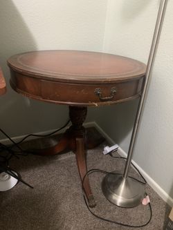Side Table, Small Table, Round Table, Leather Top, Antique 
