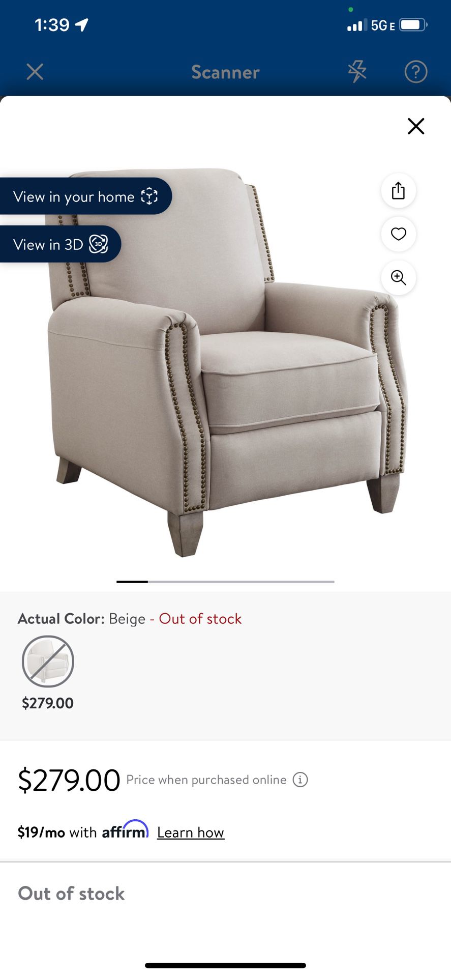 Better Homes and Gardens Pushback Recliner, Taupe Fabric Upholstery