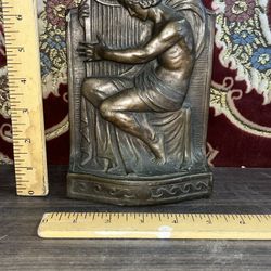 Antique c1922 ARMOR BRONZE Clad Greek Man Playing Music Harp Bookend USA