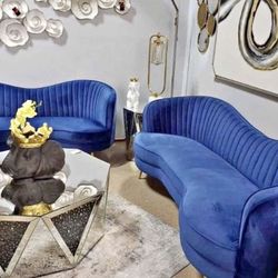 New Blue Velvet Sofa And Loveseat In Box 