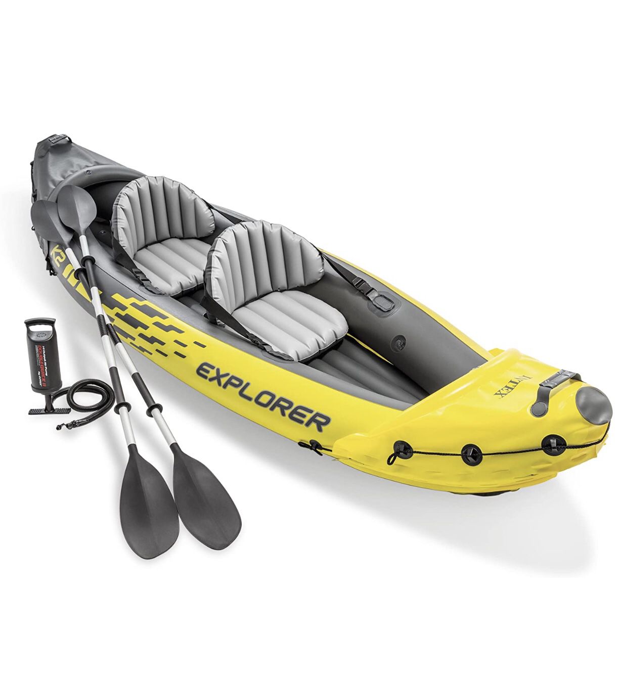 ntex Explorer K2 Kayak, 2-Person Inflatable Kayak Set with Aluminum Oars and High Output Air Pump