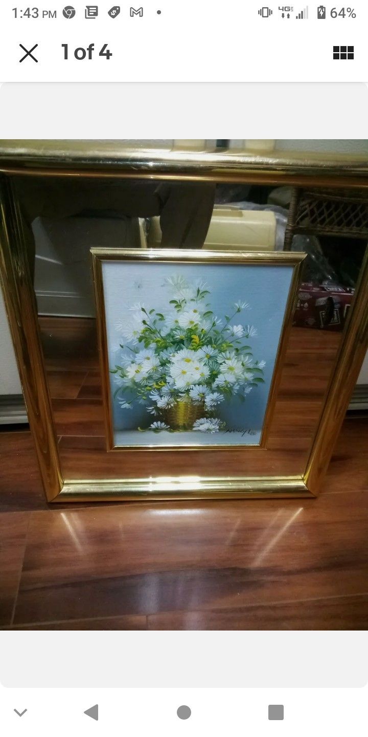 Vintage Still Life Floral Bouquet Daisy Flower Oil Painting Framed Nancy Lee