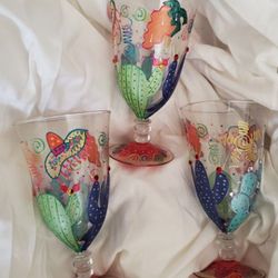 Signed / Painted Parfait or Sundae Glasses / Goblets - Set of 3 - Festive Southwest Theme