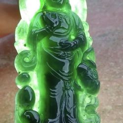 106927 VS Certified JADEITE Jade Hand Carved Black Green Pendant Kwan Yin Guanyin 