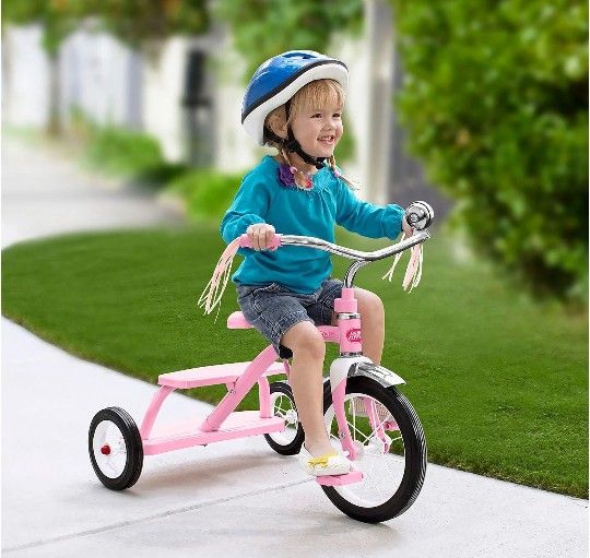 Radio Flyer Classic Pink Dual Deck Tricycle with 12 inch Front Wheel and Adjustable Seat for Ages 2 1/2 5 years, Pink