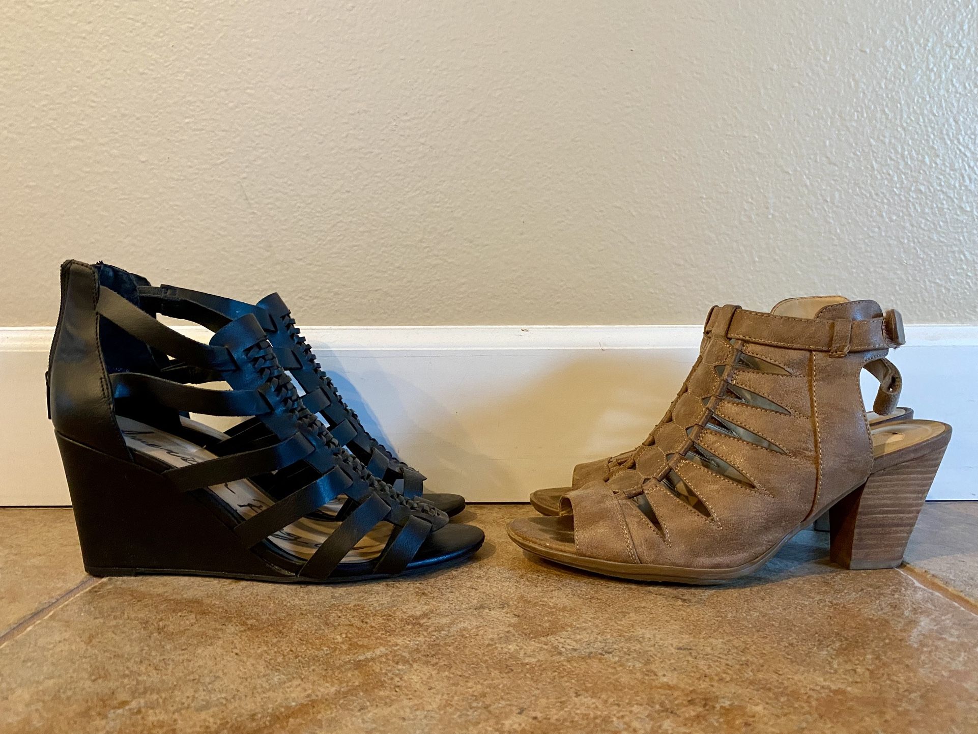 👠 2 Pair Strappy Wedge Heels Brown & Black Women’s Size 9.5