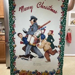 Vintage Norman Rockwell Merry Christmas Quilt (Measures 33 Inches Wide And 56 Inches Long)